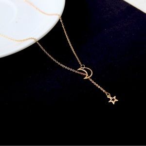 Moon and Star Necklace in Gold. Two Piece Chain